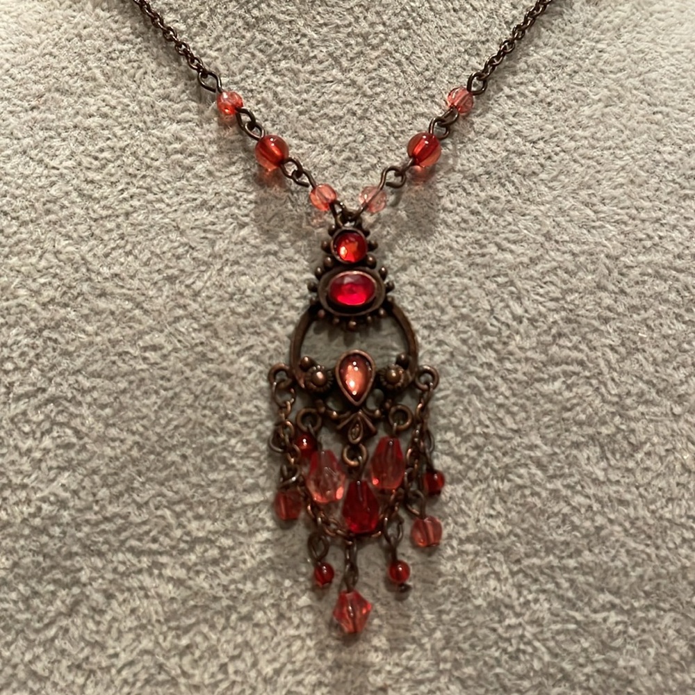 Copper Beaded Amulet Style Chandelier Necklace 16”